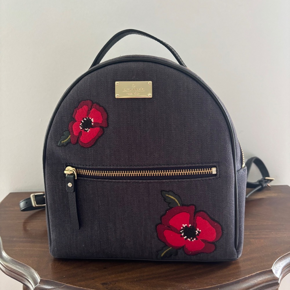 Kate Spade Grove Street Poppy Sammi Floral Dark Wash Denim Mini Backpack